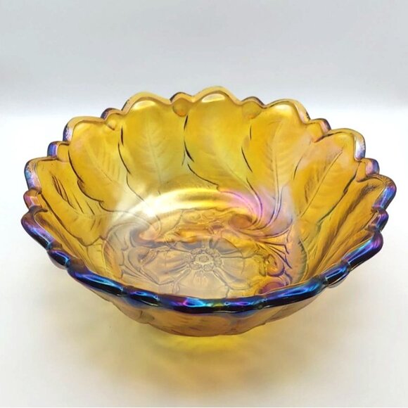 Vintage Indiana Carnival Glass Amber Wild Rose Footed Bowl 1970s Iridescent - Picture 2 of 6